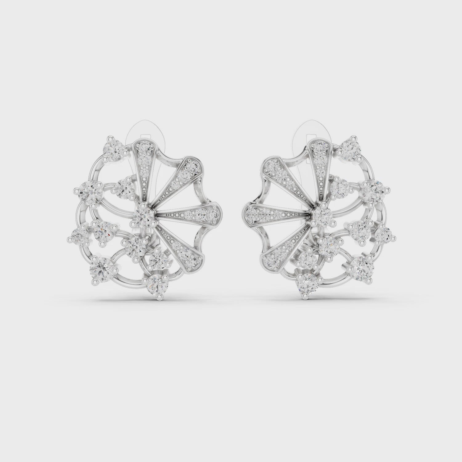 Floral pinwheel pave diamond earrings with cluster centre and clip back setting
