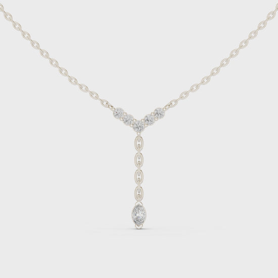 Chevron pave diamond lariat necklace with marquise solitaire drop pendant