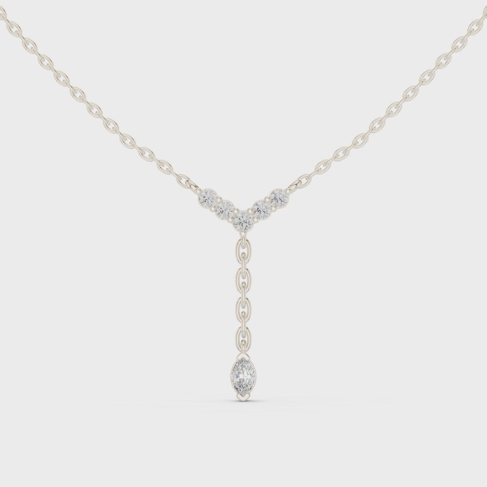 Chevron pave diamond lariat necklace with marquise solitaire drop pendant