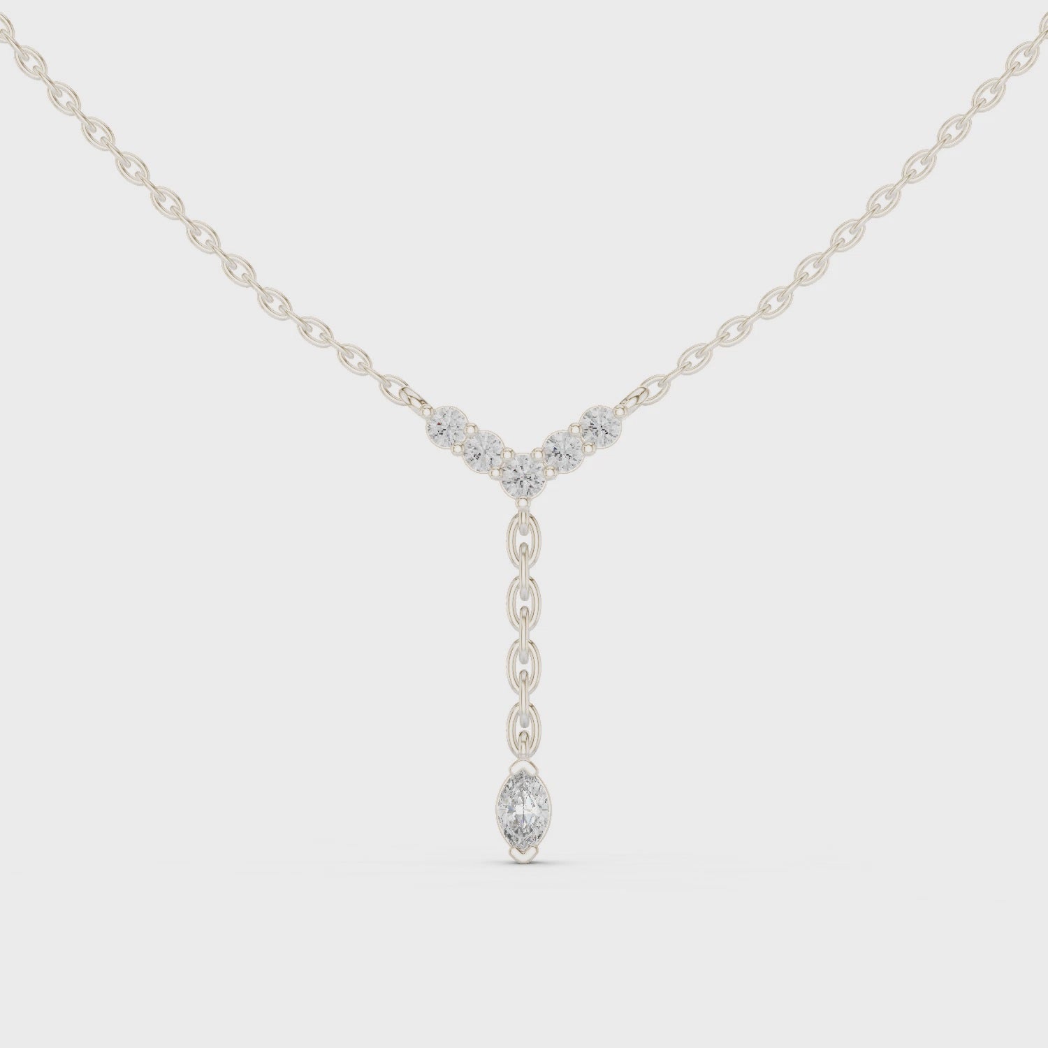 Chevron pave diamond lariat necklace with marquise solitaire drop pendant