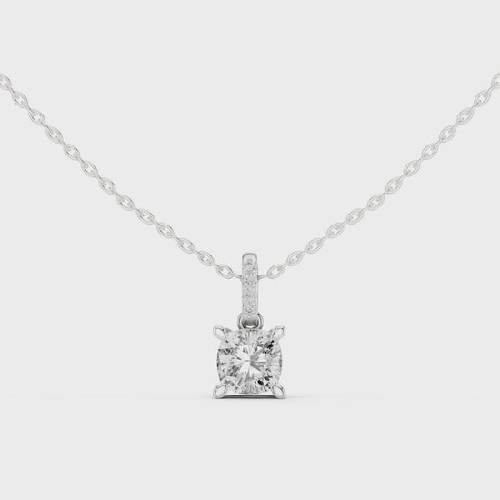 Cushion cut solitaire diamond pendant necklace with pave bail setting