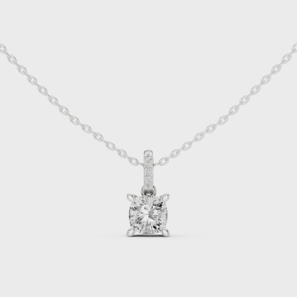 Cushion cut solitaire diamond pendant necklace with pave bail setting