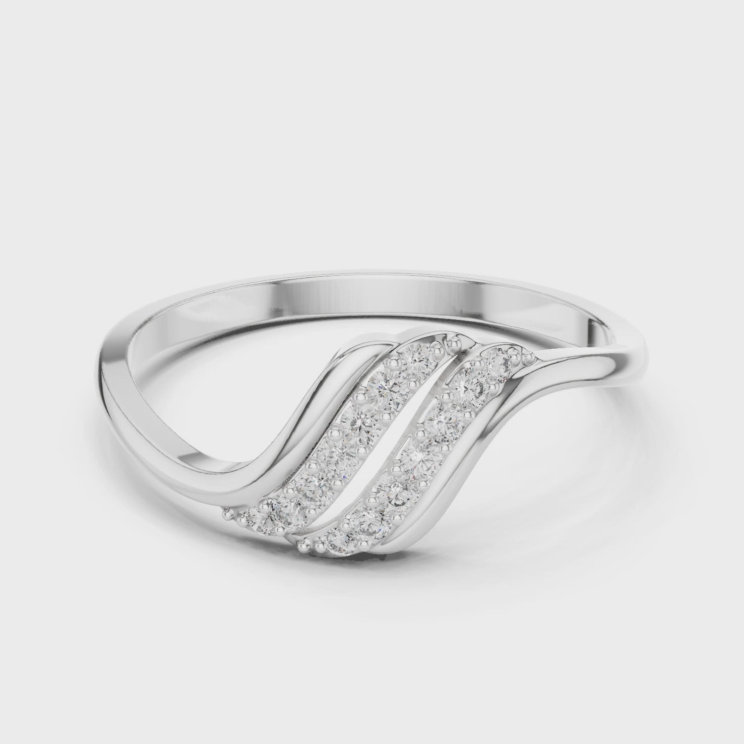 Double row bypass pave ring with split pave top and curved tapered shank