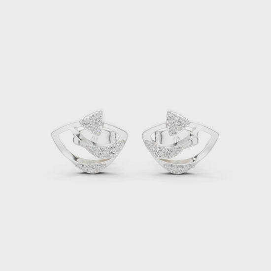 Fan petal diamond stud earrings with layered arc design and push back setting