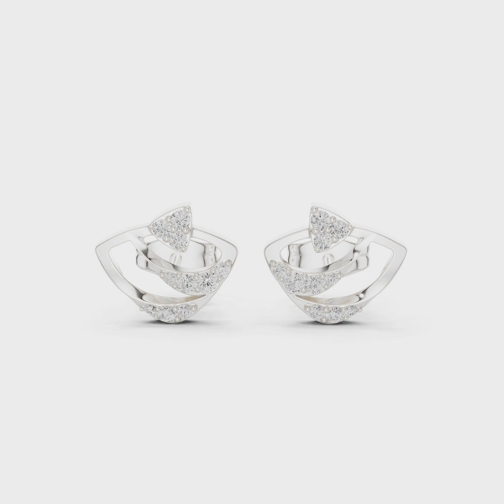 Fan petal diamond stud earrings with layered arc design and push back setting