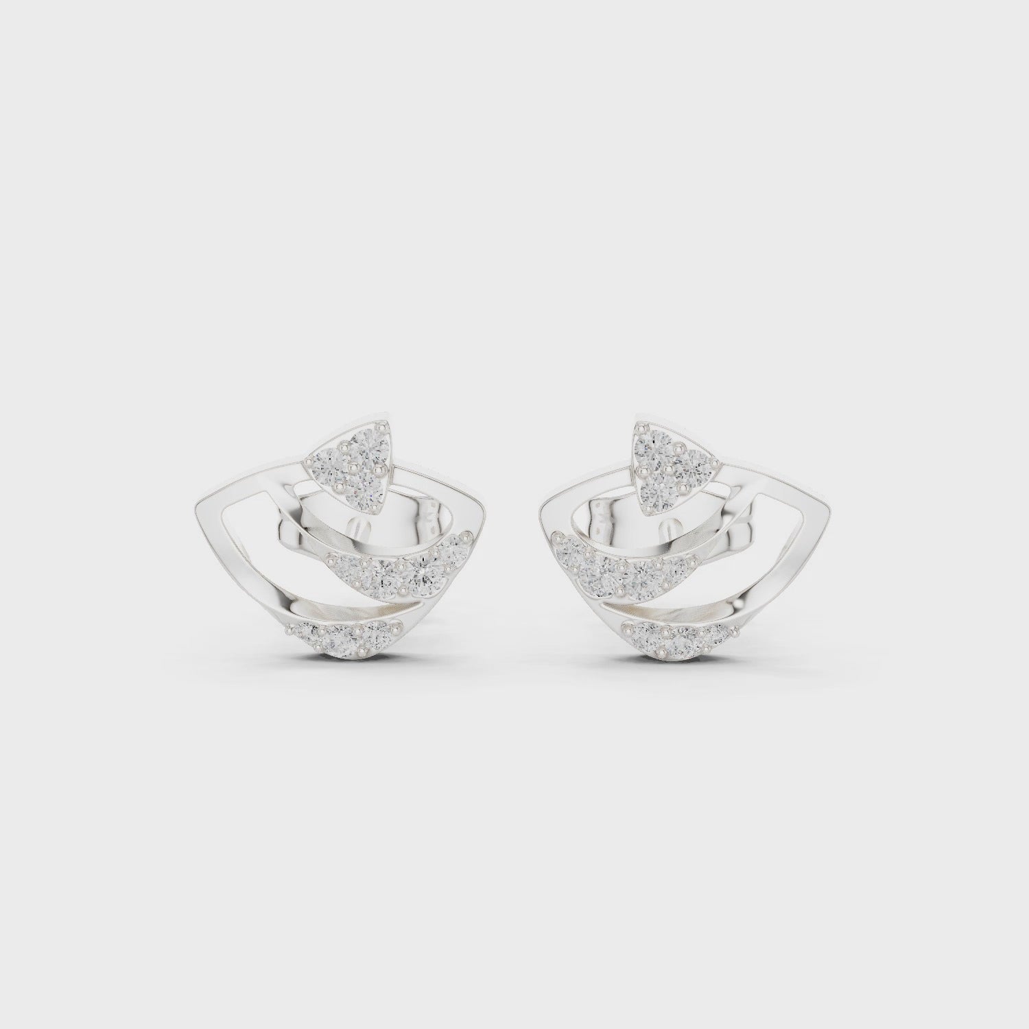 Fan petal diamond stud earrings with layered arc design and push back setting