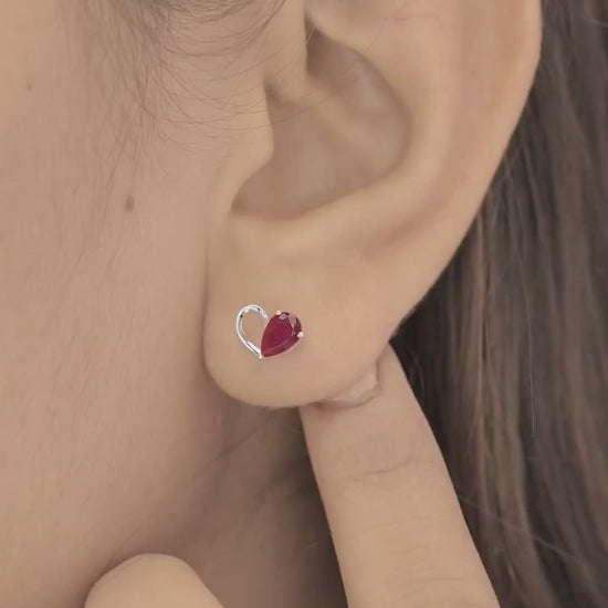 Ruby red heart loop stud earrings with open teardrop swirl base and pear stone top