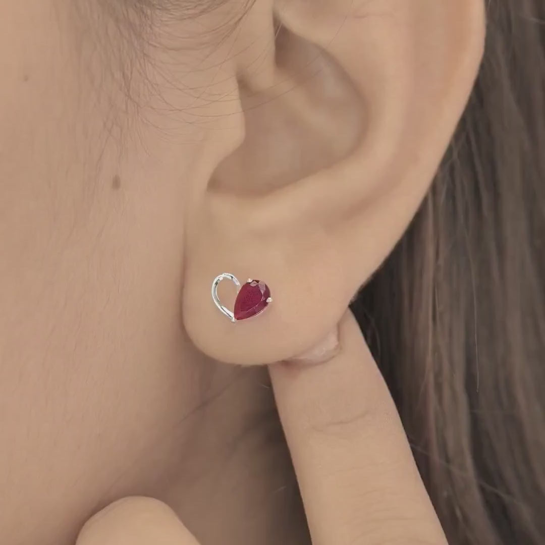 Ruby red heart loop stud earrings with open teardrop swirl base and pear stone top