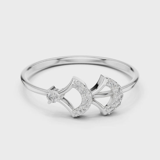 Bow arrow open crown ring with pave set arch top and polished plain band