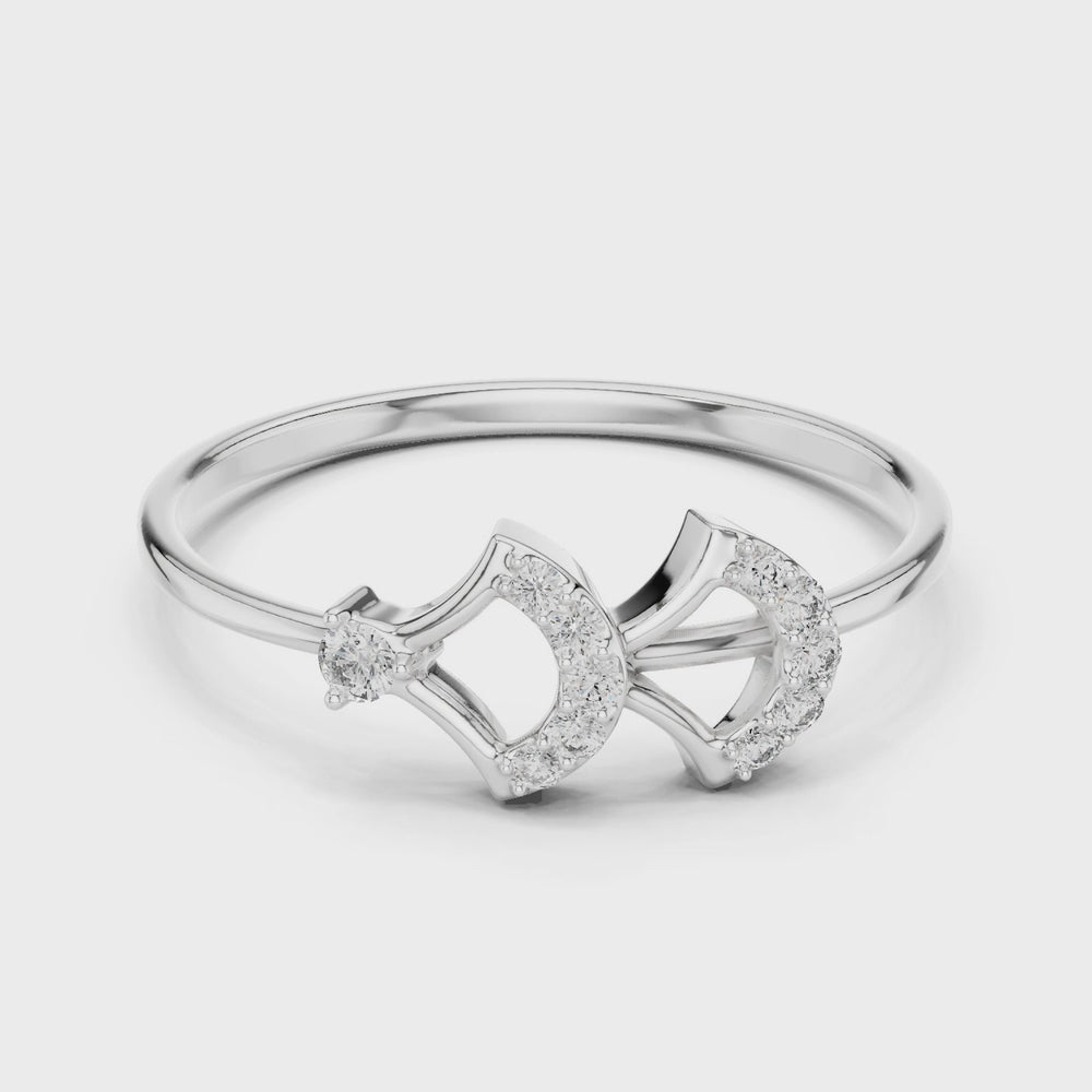 Bow arrow open crown ring with pave set arch top and polished plain band