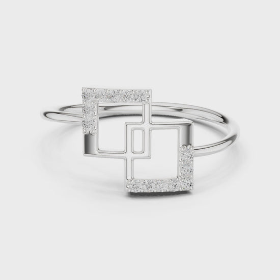 Double square geometric ring with overlapping open frame and plain rounded band