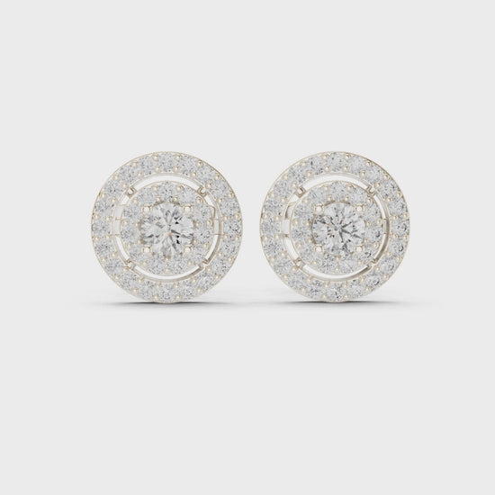Double halo cluster stud earrings with pave set round detailing