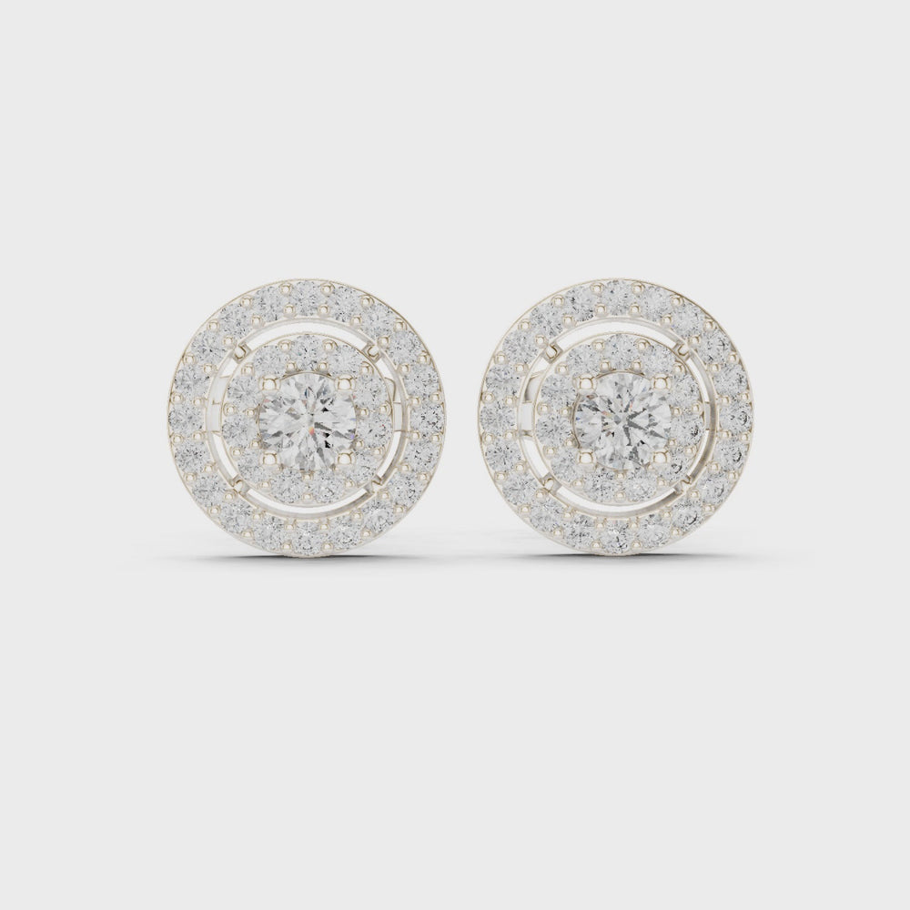 Double halo cluster stud earrings with pave set round detailing