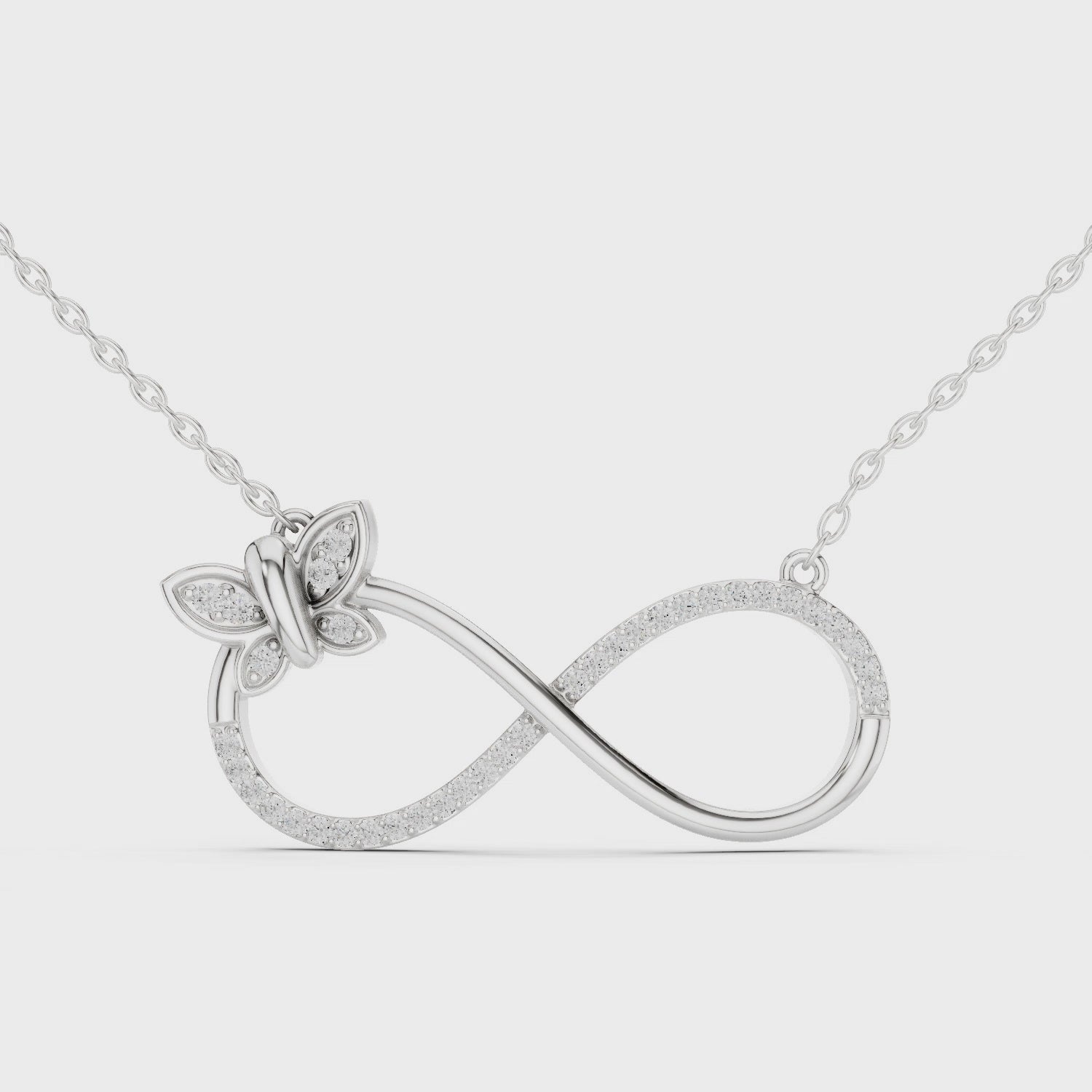 Butterfly infinity diamond pendant necklace with pave butterfly
