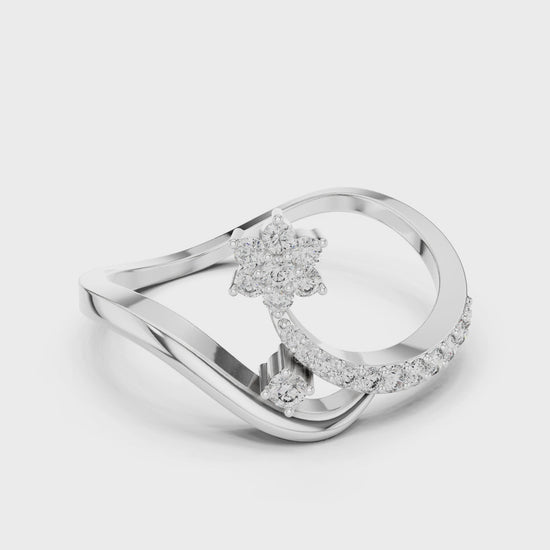 Floral cluster bypass ring with open loop frame and curved wave band