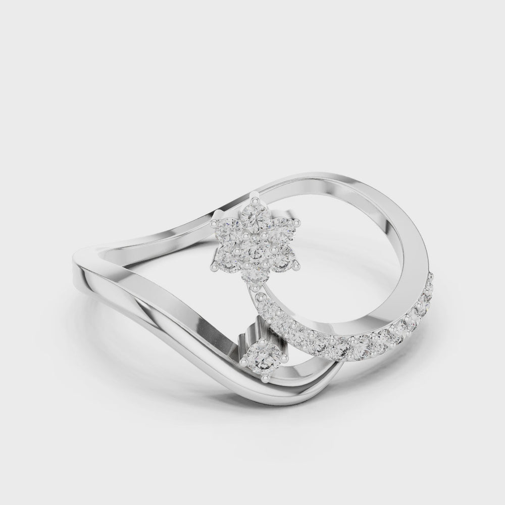Floral cluster bypass ring with open loop frame and curved wave band
