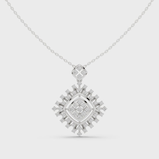 Geometric snowflake diamond pendant necklace with baguette and pave cluster setting
