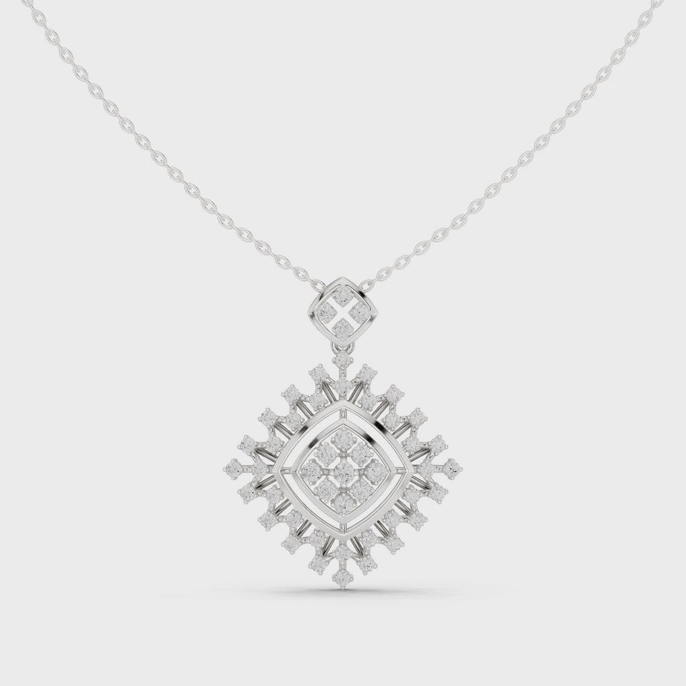 Geometric snowflake diamond pendant necklace with baguette and pave cluster setting