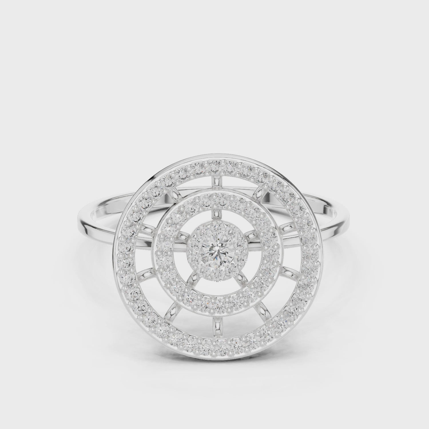 Round pave diamond cocktail ring with solitaire centre and halo setting