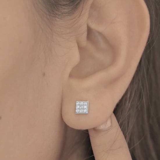 Square grid cluster stud earrings with tilted diamond shape and pave filled surface