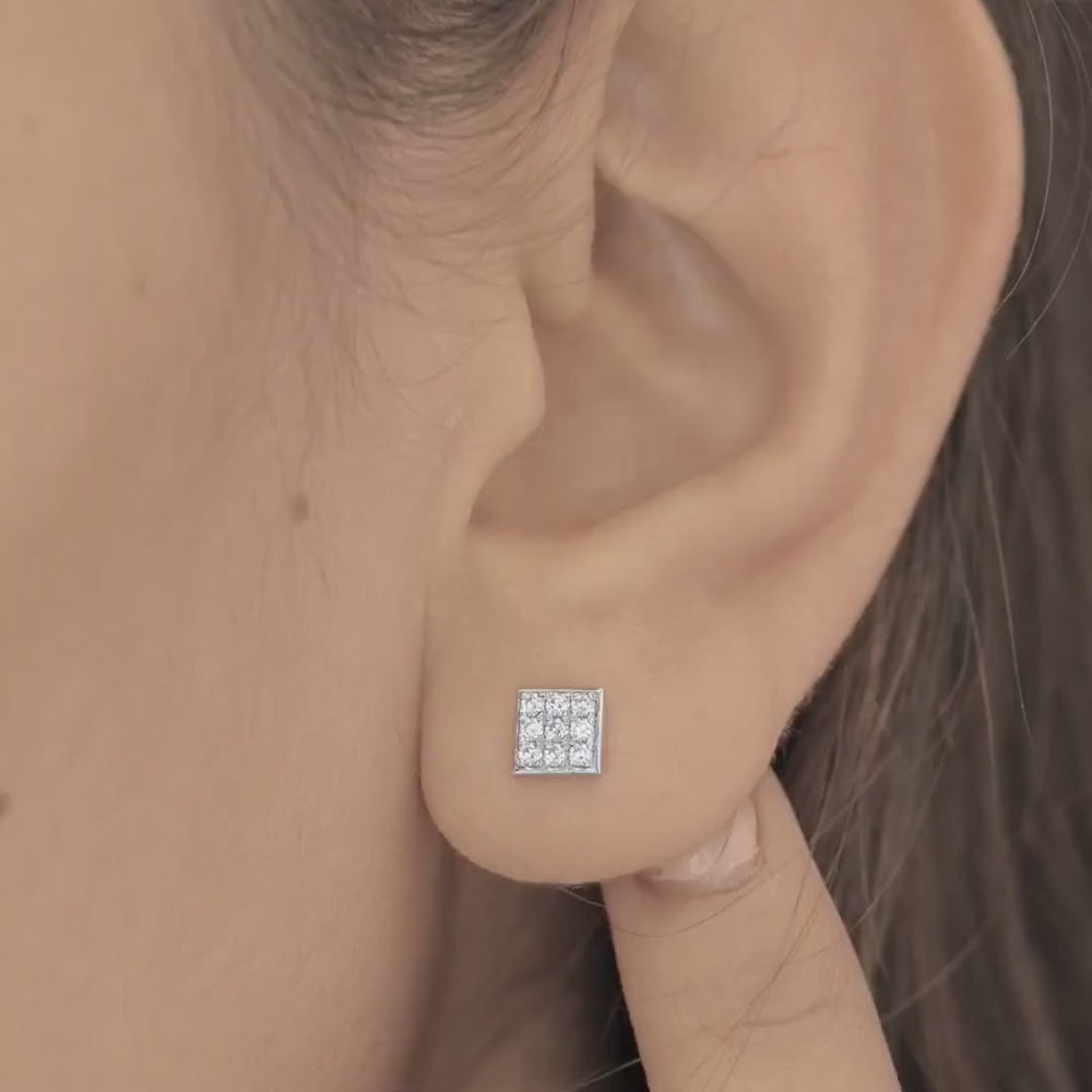 Square grid cluster stud earrings with tilted diamond shape and pave filled surface
