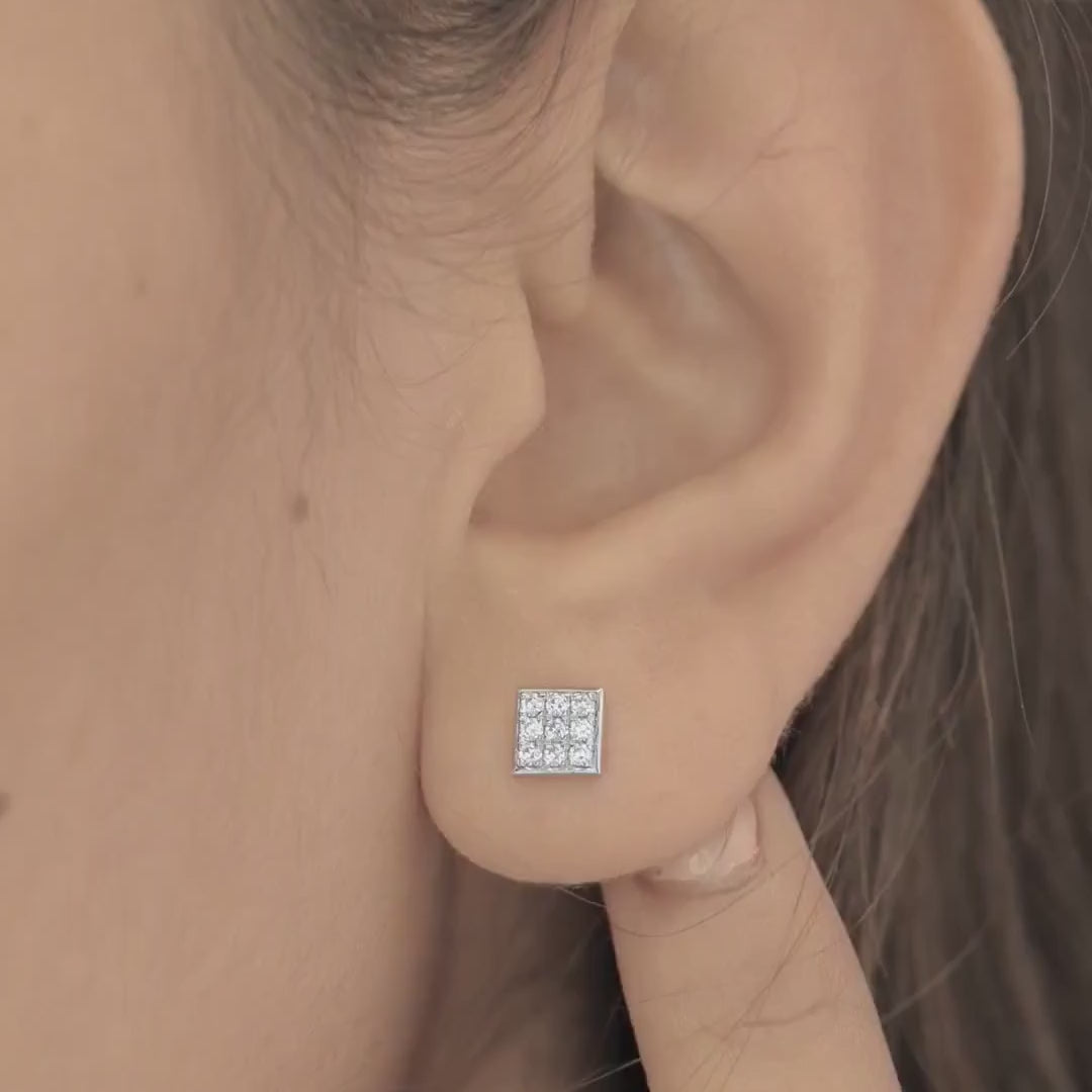 Square grid cluster stud earrings with tilted diamond shape and pave filled surface