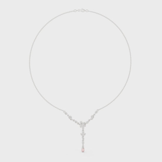 Floral marquise diamond necklace with pink gemstone drop pendant