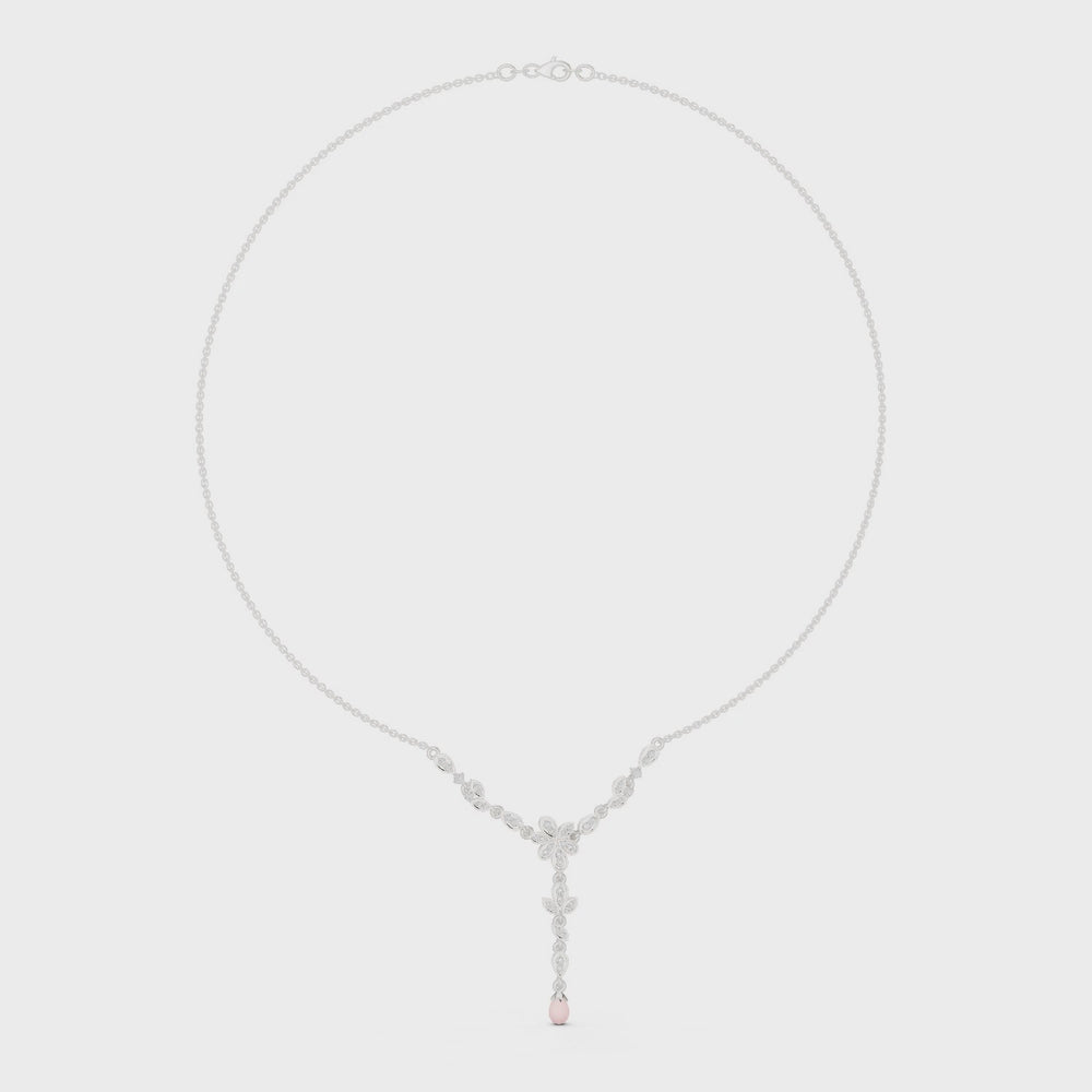 Floral marquise diamond necklace with pink gemstone drop pendant