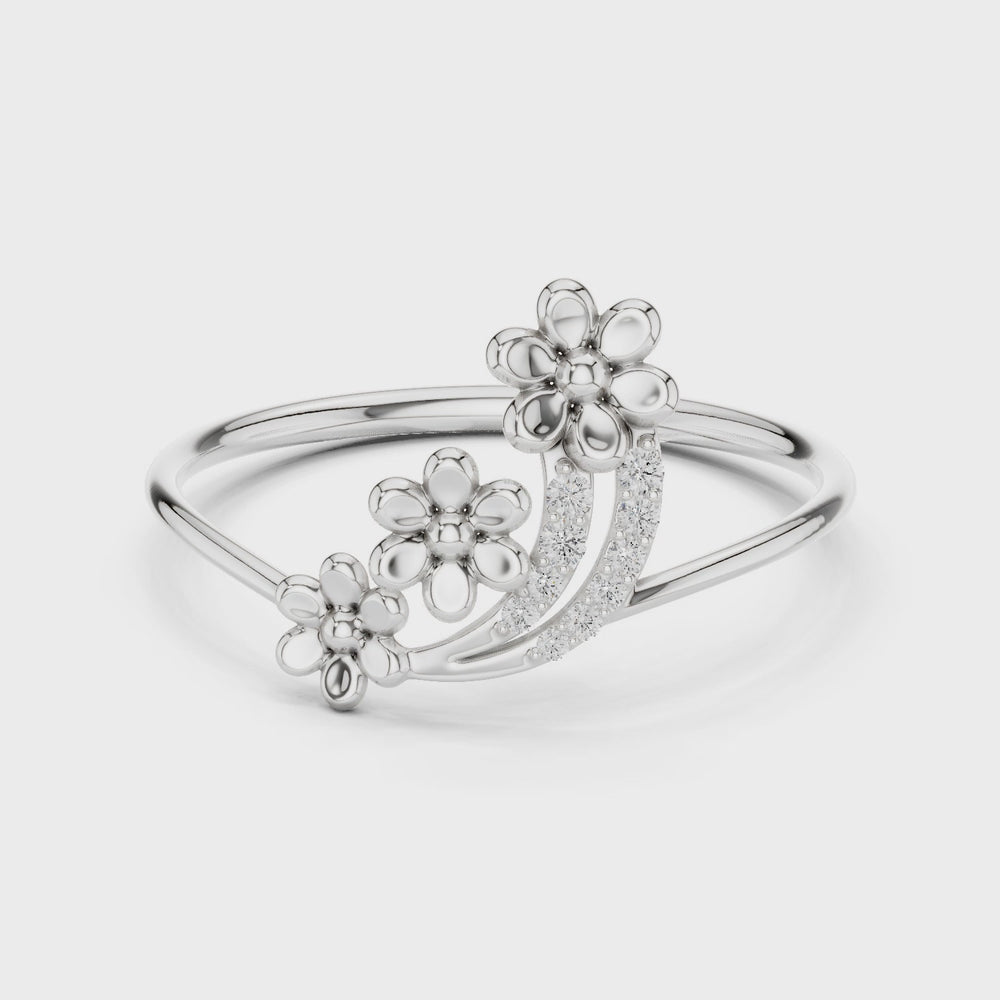 Ladies silver floral cluster ring with three flower motifs and diamond-studded arc