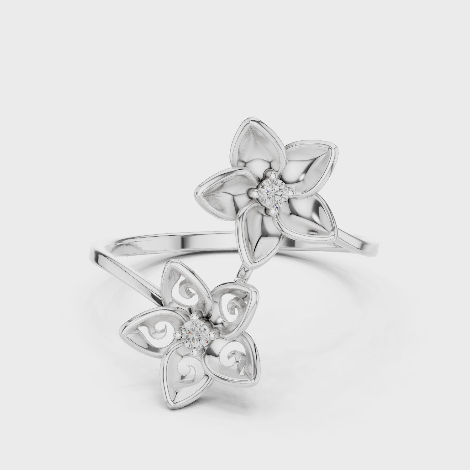 Double floral bypass open ring with sculpted petal blooms and solitaire centres