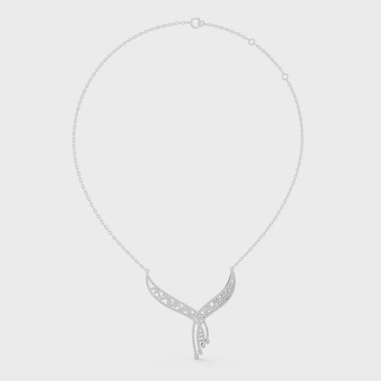 Floral filigree V shape diamond necklace with open leaf design and drop accent