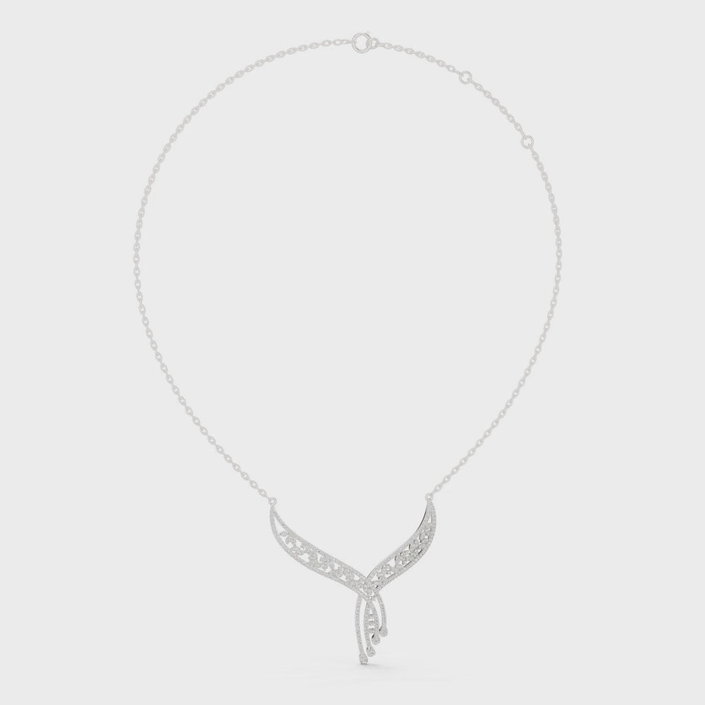 Floral filigree V shape diamond necklace with open leaf design and drop accent