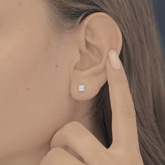 Four stone square cluster stud earrings with tilted diamond shape flat frame
