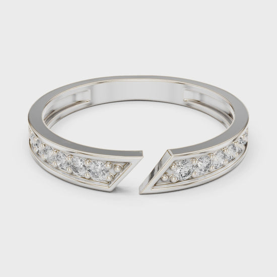 Open split channel set diamond band ring with arrow tip design