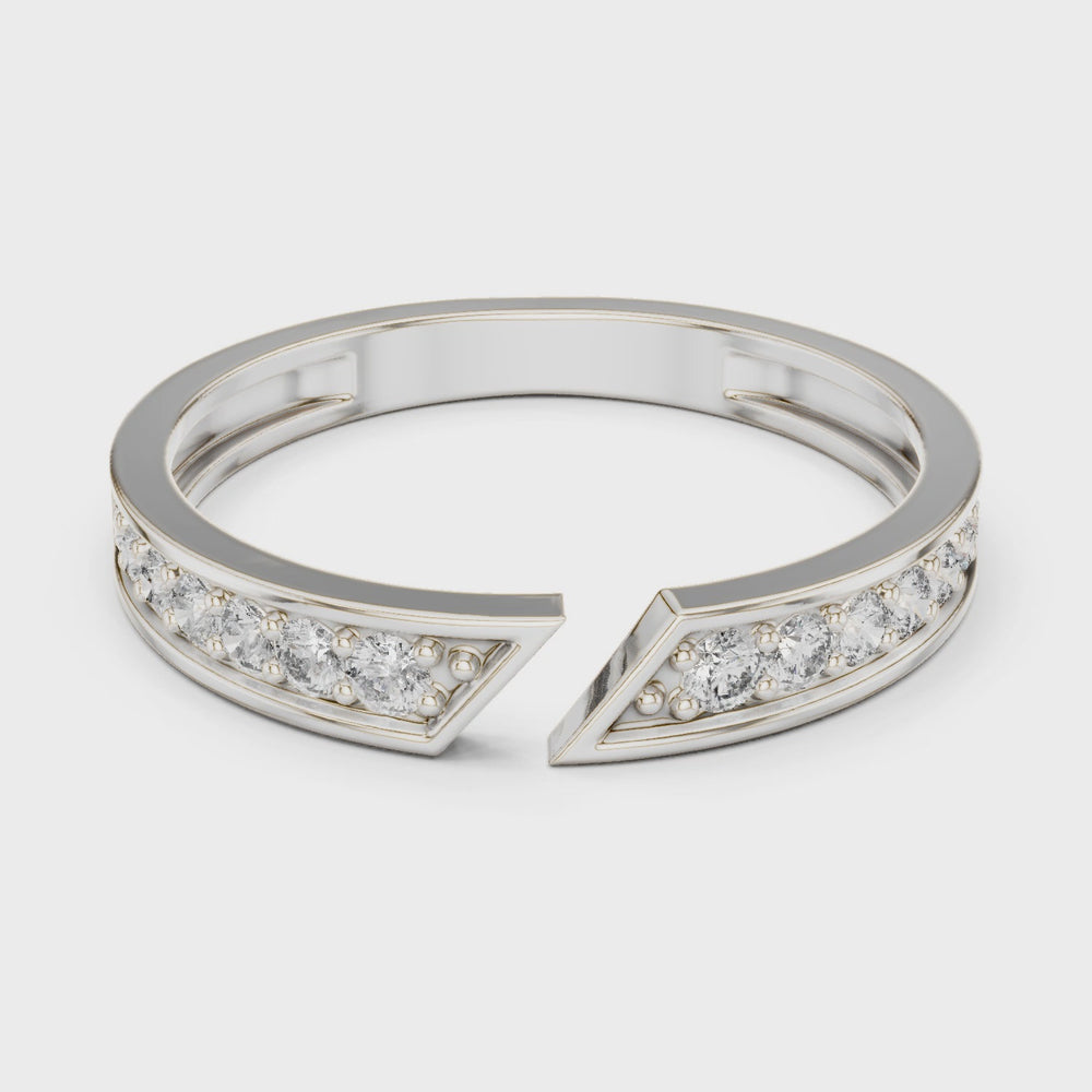 Open split channel set diamond band ring with arrow tip design
