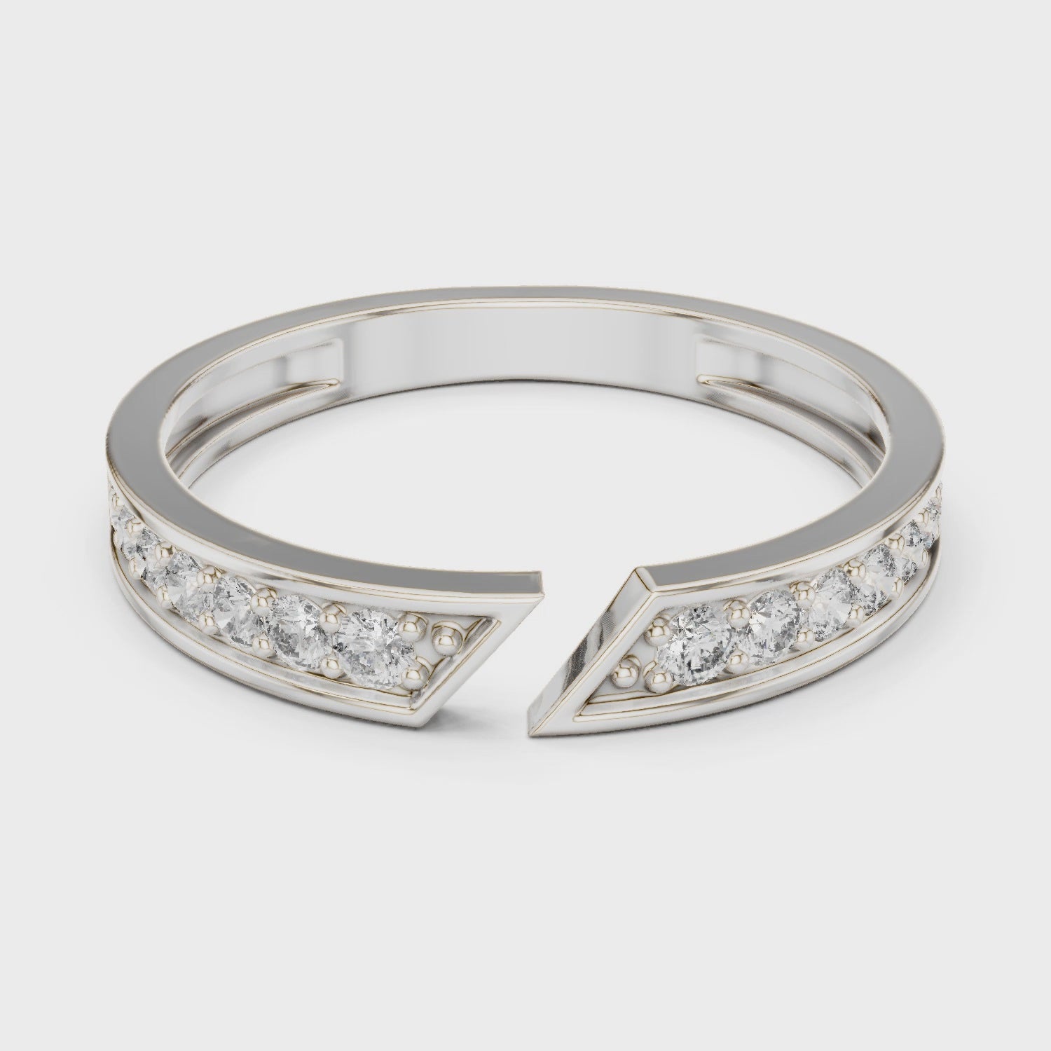 Open split channel set diamond band ring with arrow tip design