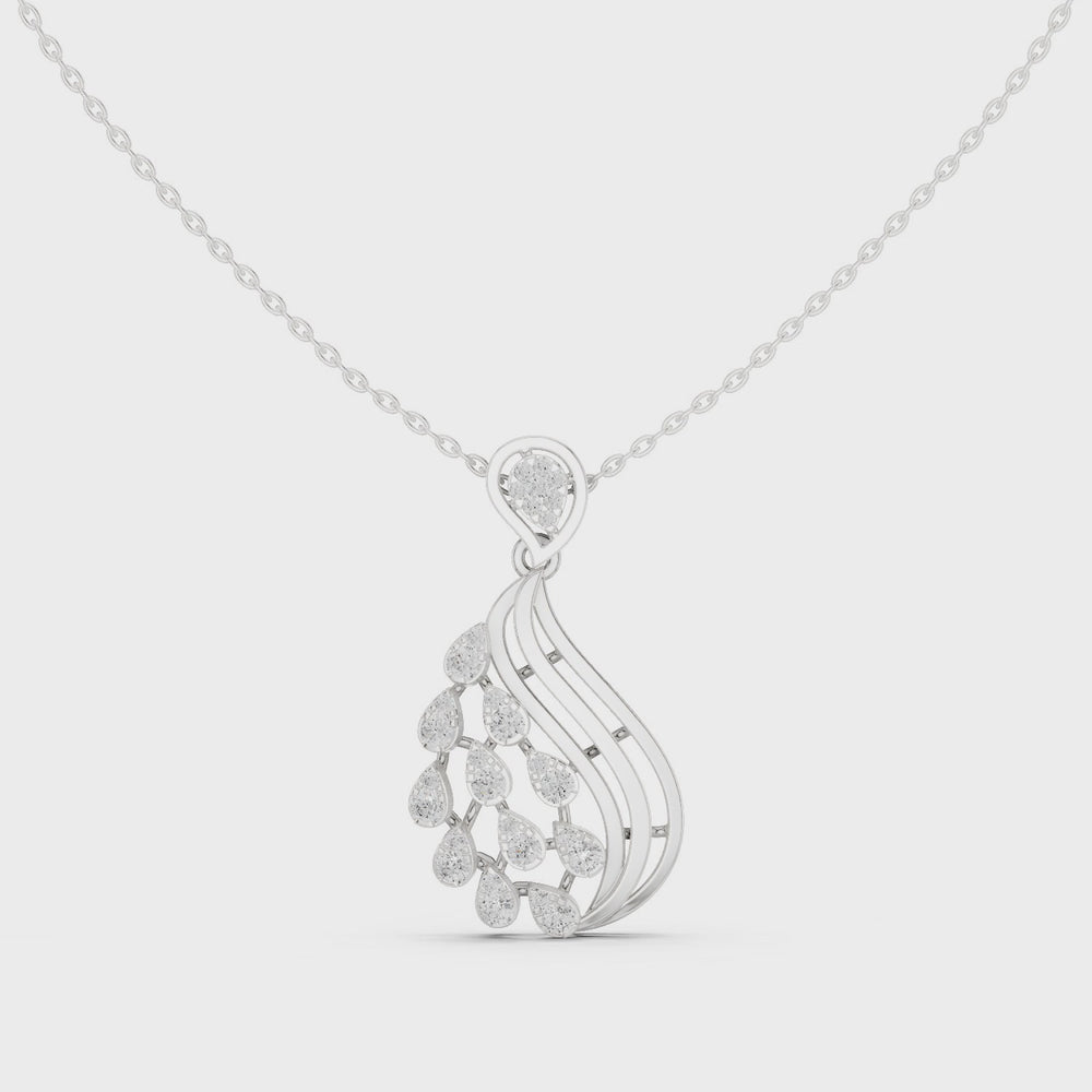 Silver chain necklace with feather-shaped cascading pear-cut diamond pendant