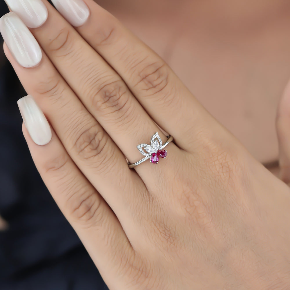 925 sterling silver Butterfly Ring with Red Stone for women India