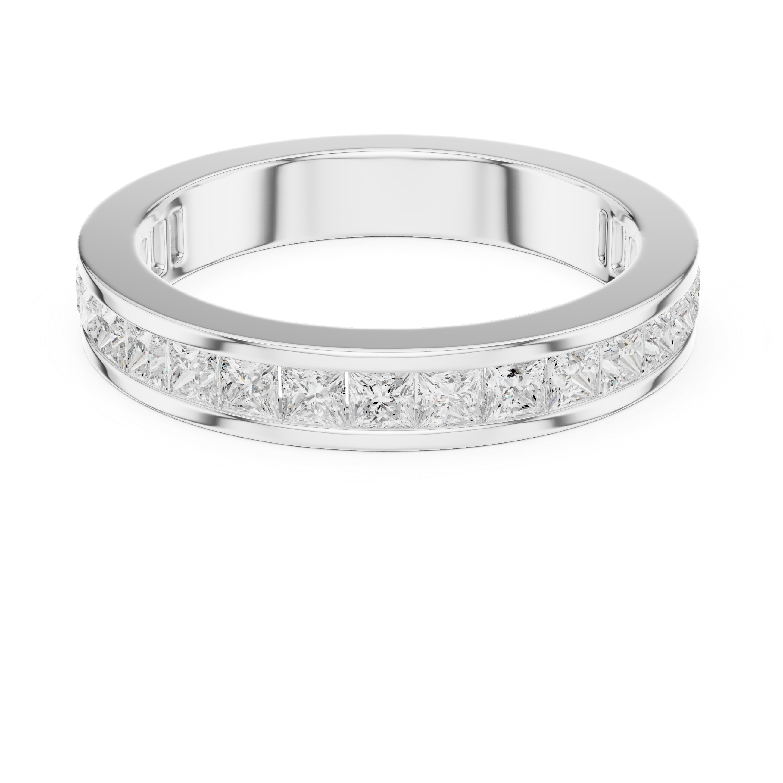 Princess cut channel set eternity ring with flush set square stones all around