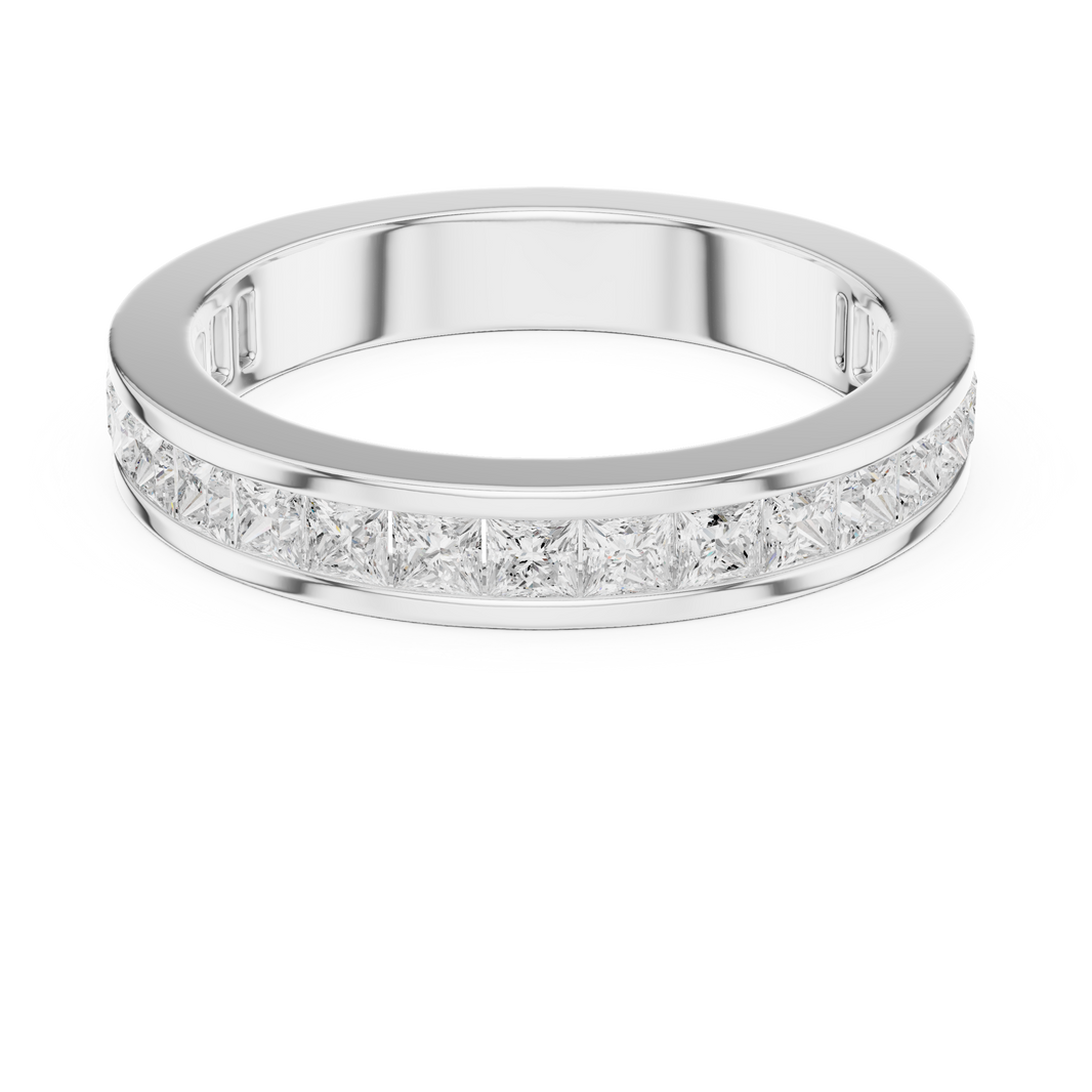 Princess cut channel set eternity ring with flush set square stones all around