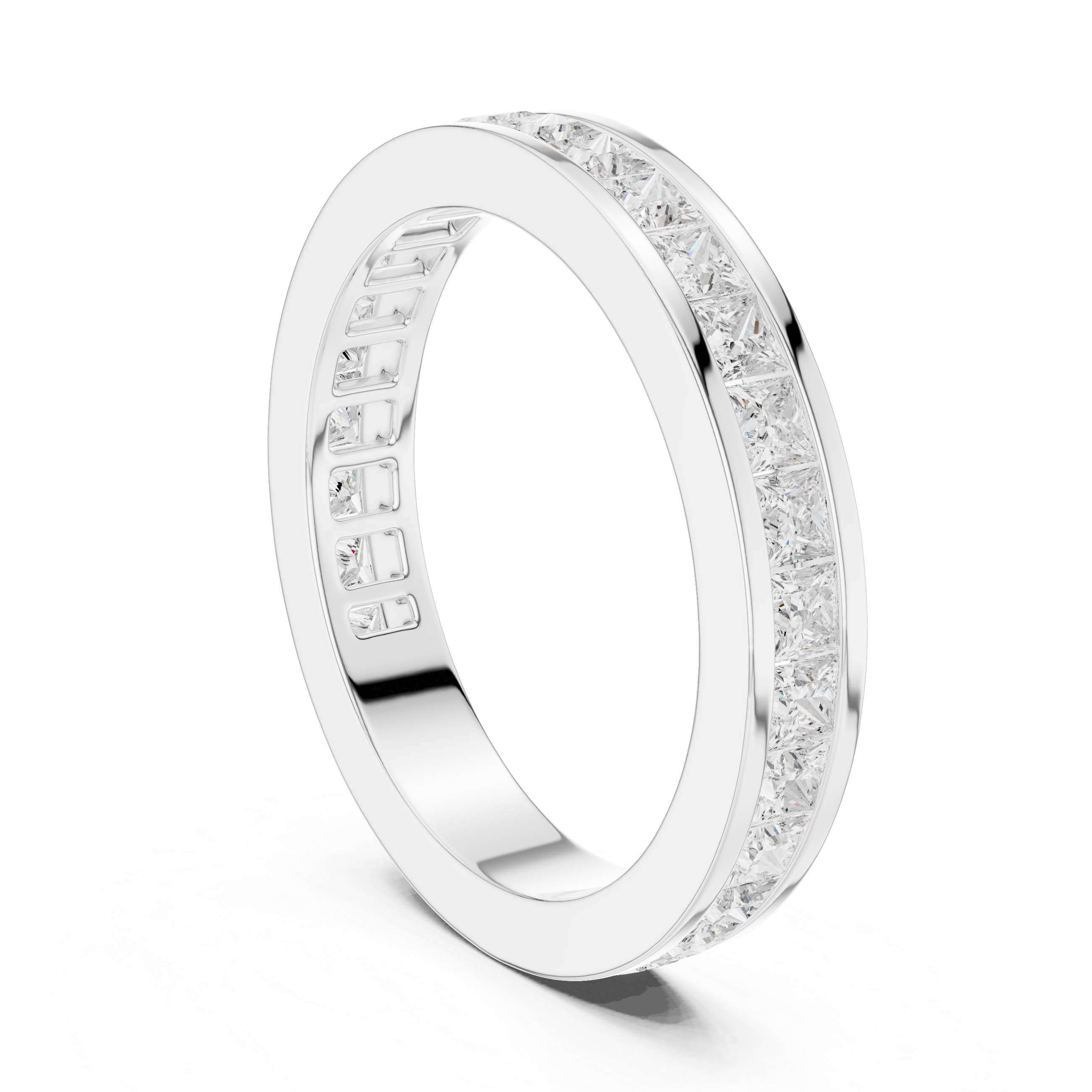 Princess cut channel set eternity ring with flush set square stones all around