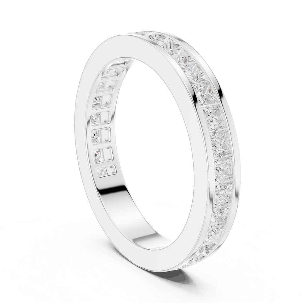 Princess cut channel set eternity ring with flush set square stones all around