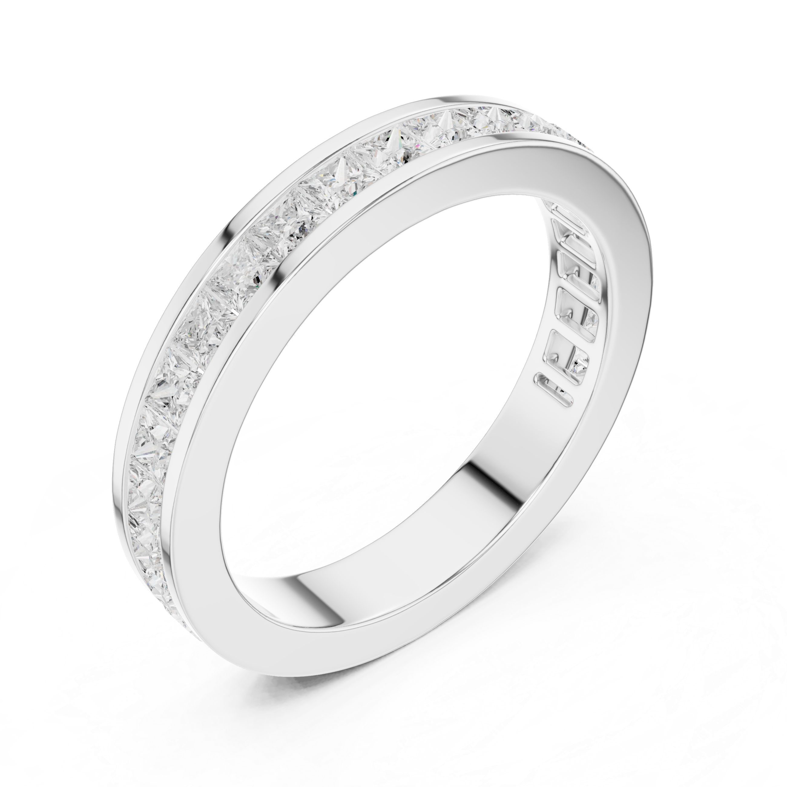 Princess cut channel set eternity ring with flush set square stones all around