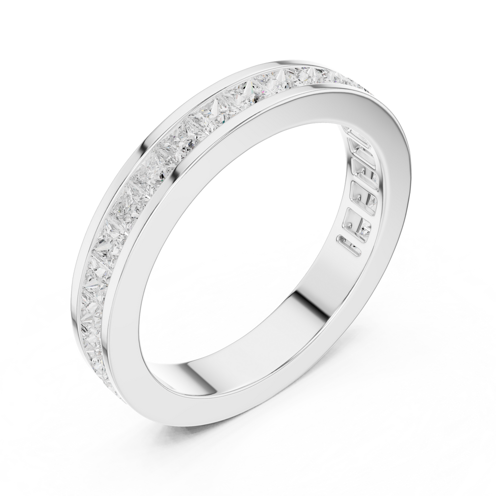 Princess cut channel set eternity ring with flush set square stones all around