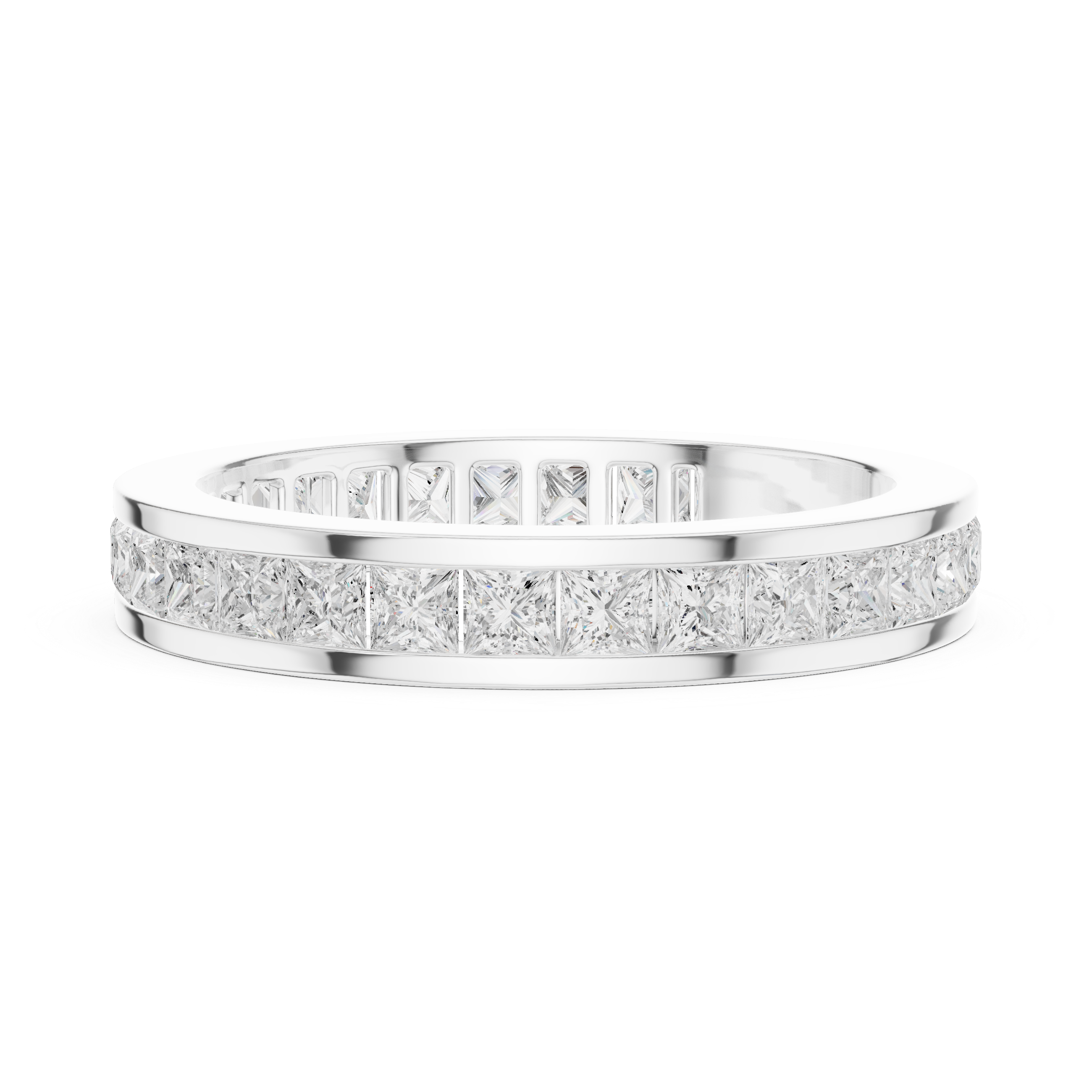 Princess cut channel set eternity ring with flush set square stones all around