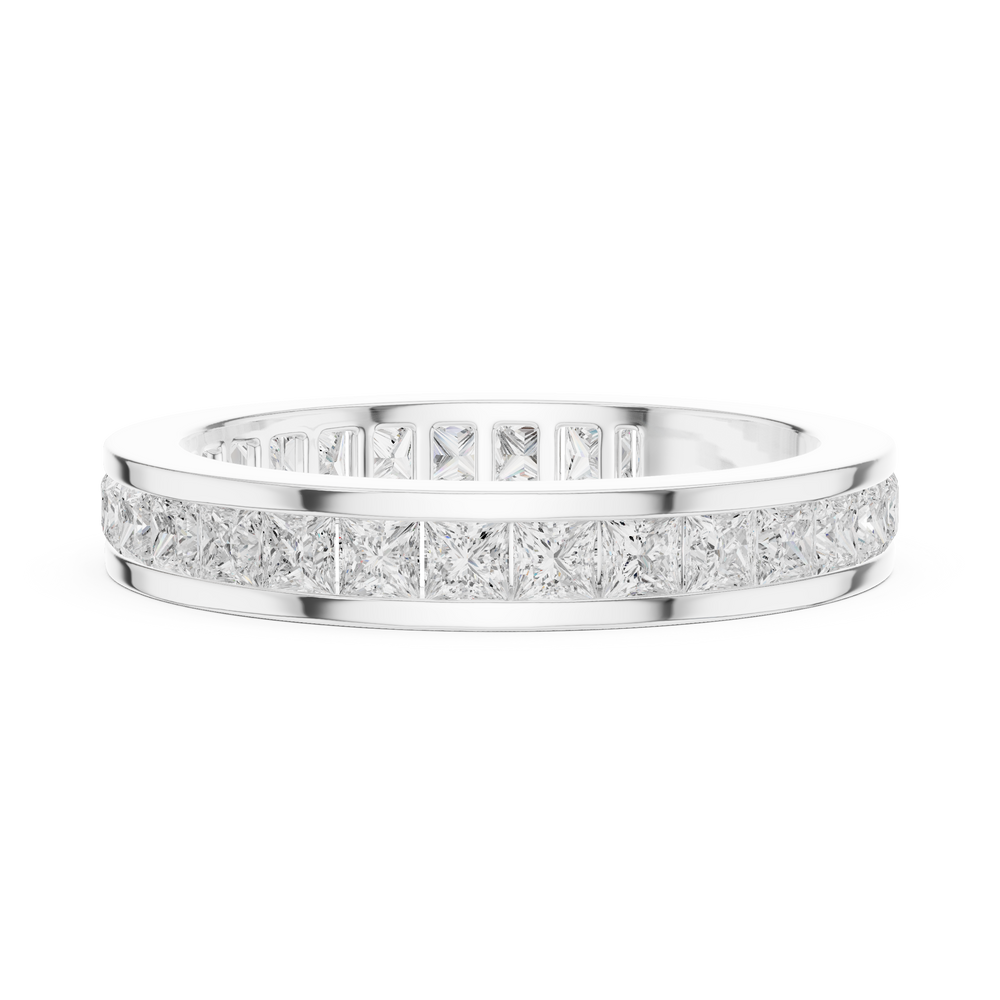Princess cut channel set eternity ring with flush set square stones all around