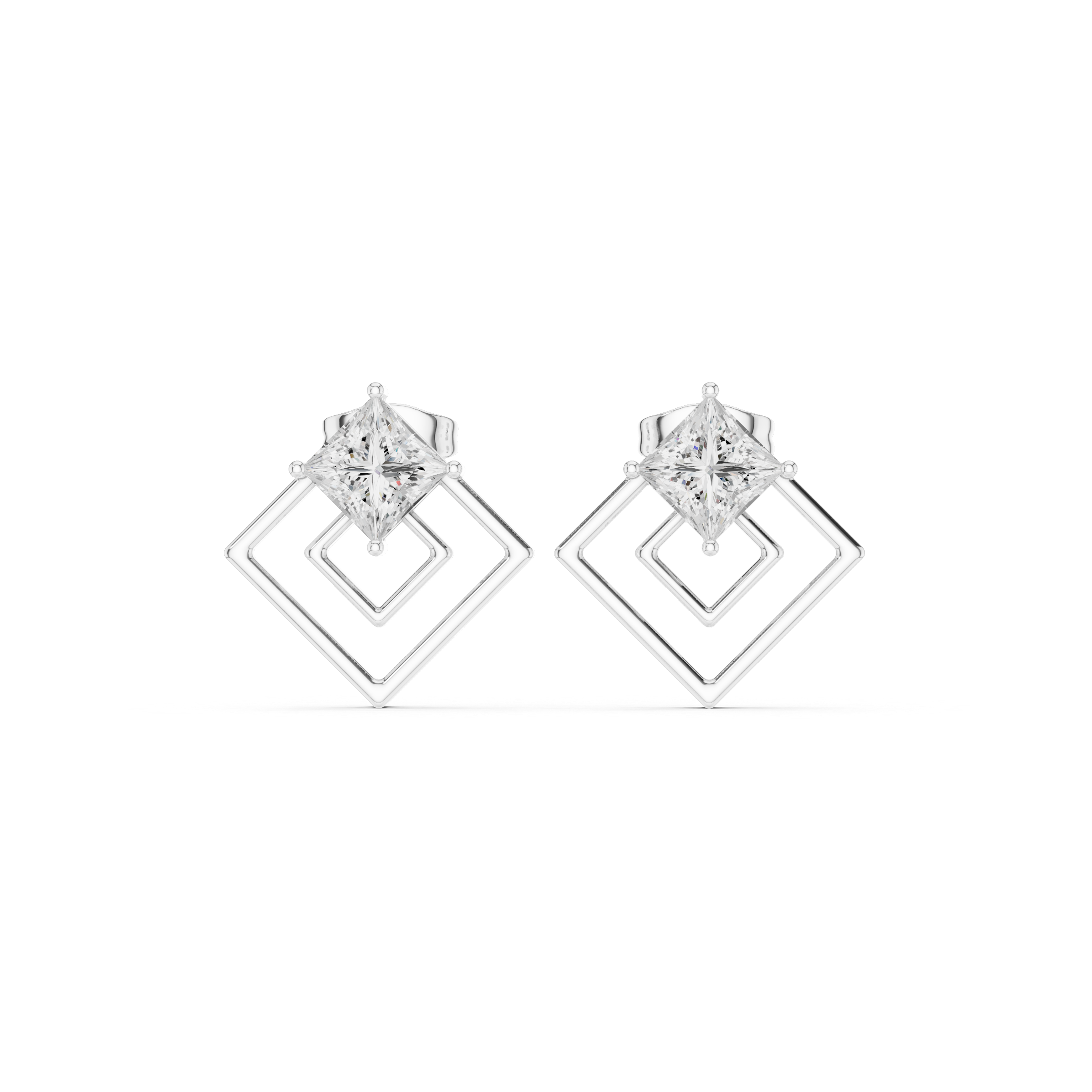 Princess cut solitaire top with a double open rhombus frame drop below