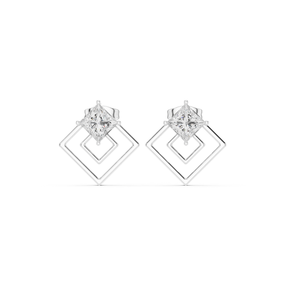 Princess cut solitaire top with a double open rhombus frame drop below
