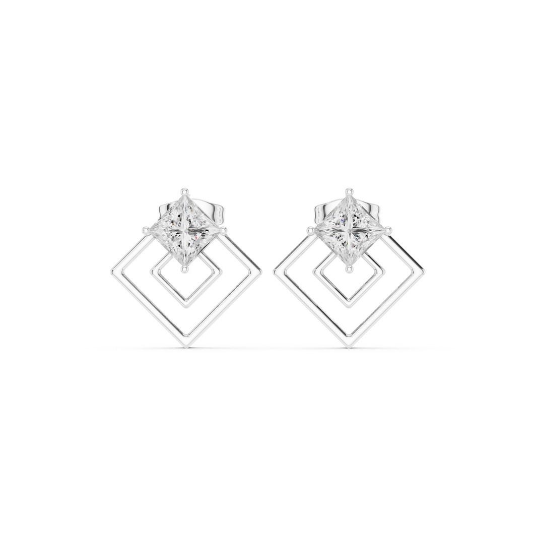 Princess cut solitaire top with a double open rhombus frame drop below