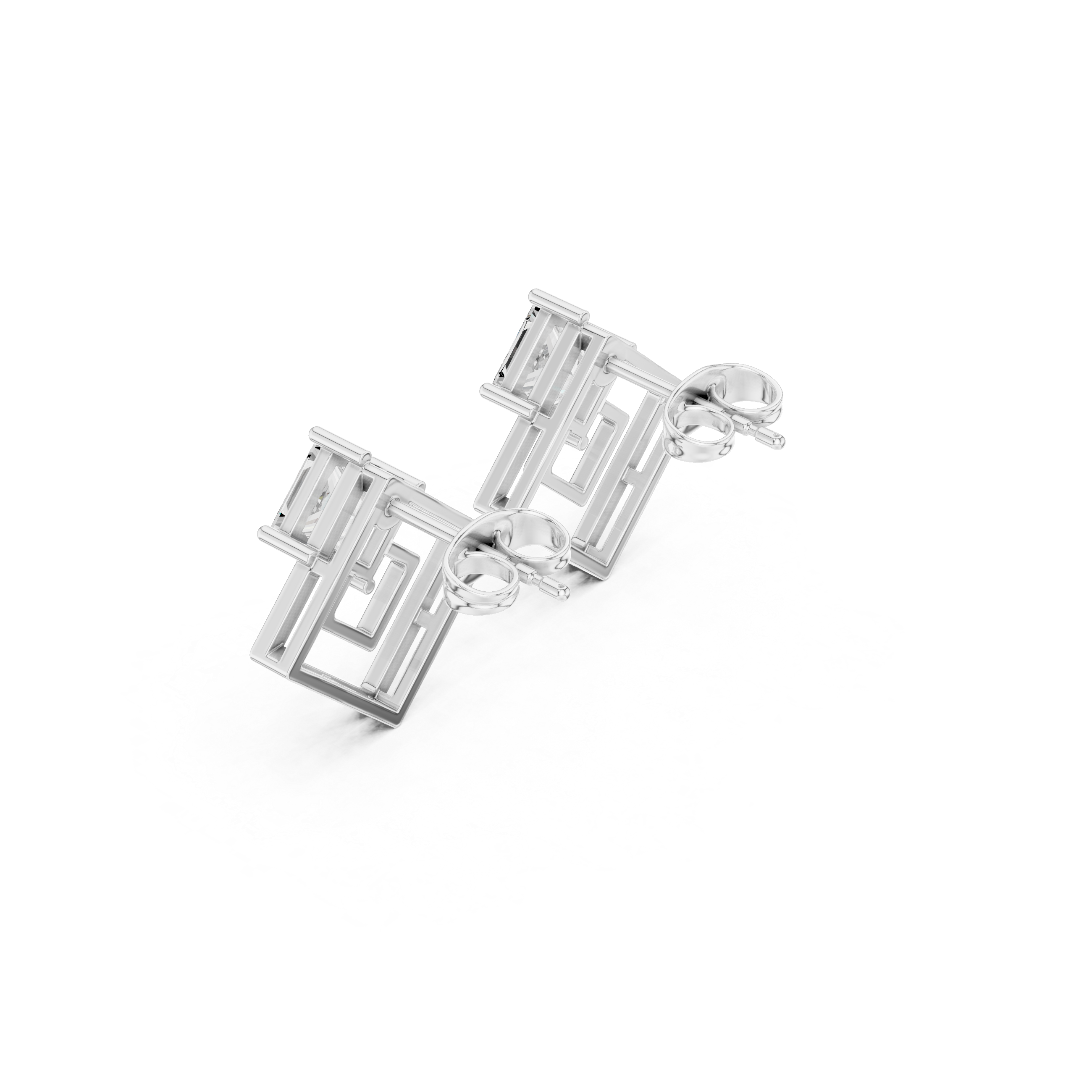 Princess cut solitaire top with a double open rhombus frame drop below